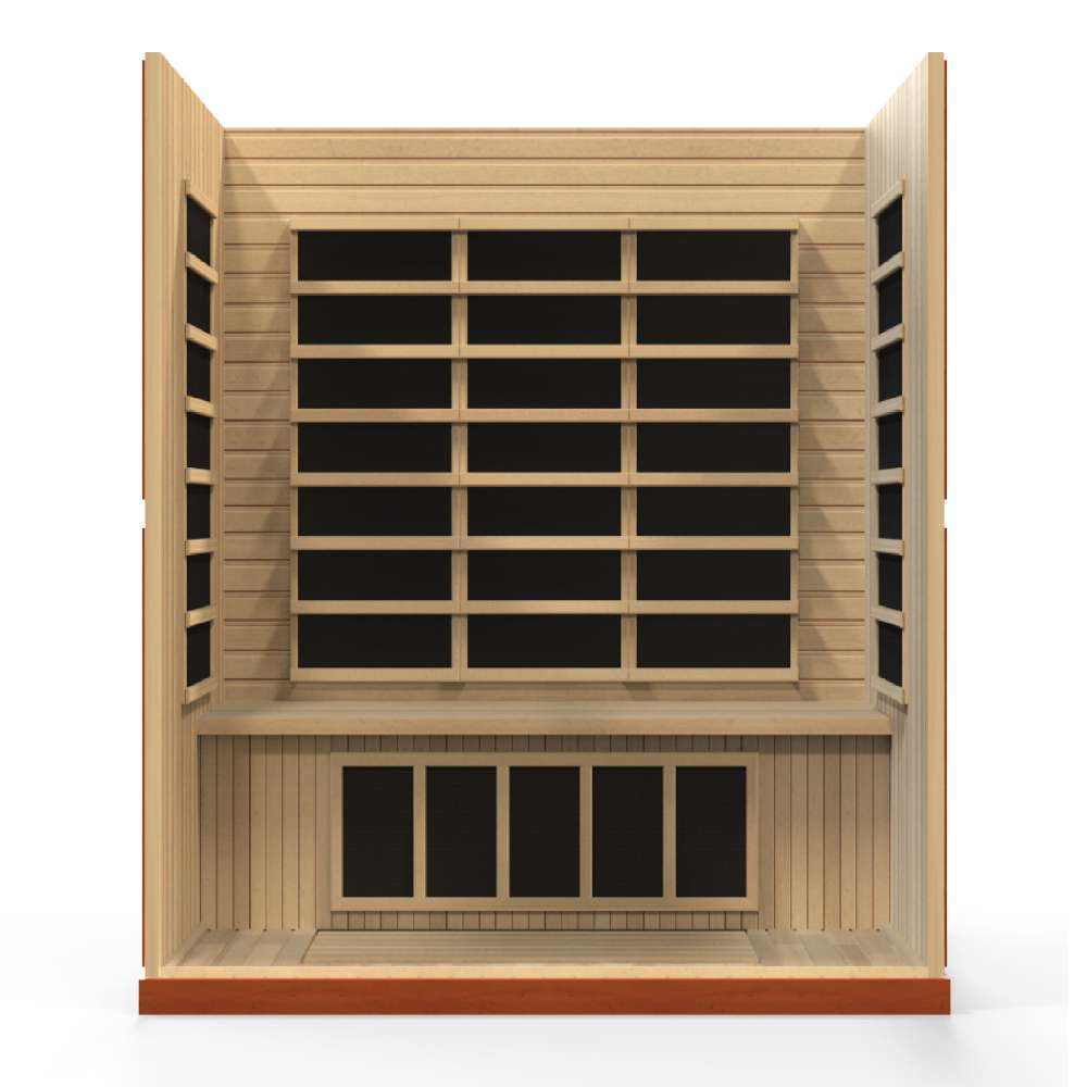 Open front view of Golden Designs Dynamic Bergamo Elite 4 Person Ultra Low EMF Far Infrared Sauna showing carbon panels on the back wall and under the bench