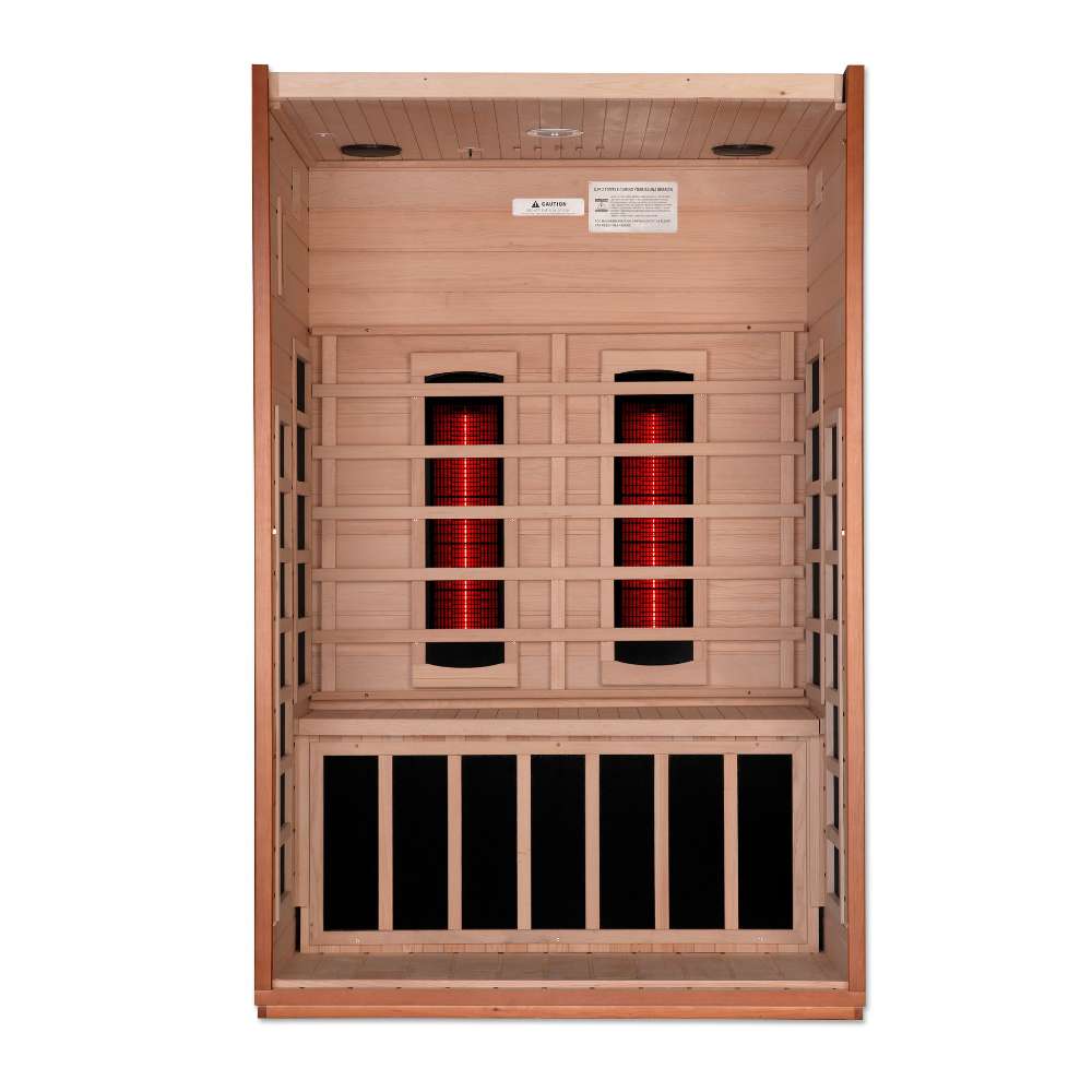 Open front view of Golden Designs Dynamic Cordoba 2 Person Full Spectrum Infrared Sauna showing two glowing near infrared elements, carbon panels and the bench