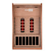 Open front view of Golden Designs Dynamic Cordoba 2 Person Full Spectrum Infrared Sauna showing two glowing near infrared elements, carbon panels and the bench