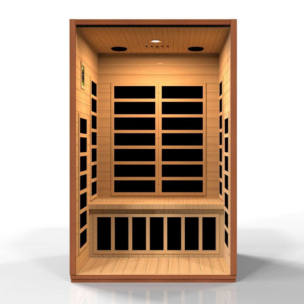 Open front view of Golden Designs Dynamic Cordoba 2 Person Low EMF Far Infrared Sauna showing carbon panels on the walls and under the bench