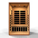 Open front view of Golden Designs Dynamic Cordoba 2 Person Low EMF Far Infrared Sauna showing carbon panels on the walls and under the bench
