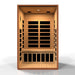 Open front view of Golden Designs Dynamic Cordoba Elite 2 Person Ultra Low EMF Far Infrared Sauna showing lit carbon panels on the back wall and below the bench