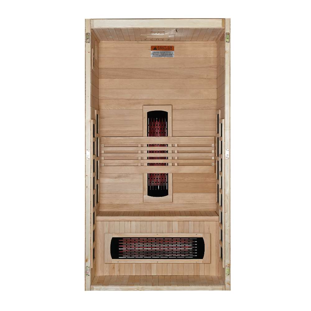 Open front view of Golden Designs Dynamic Gracia 1-2 Person Full Spectrum Near Zero EMF Far Infrared Sauna showing near infrared elements on the back wall and a carbon panel below the bench