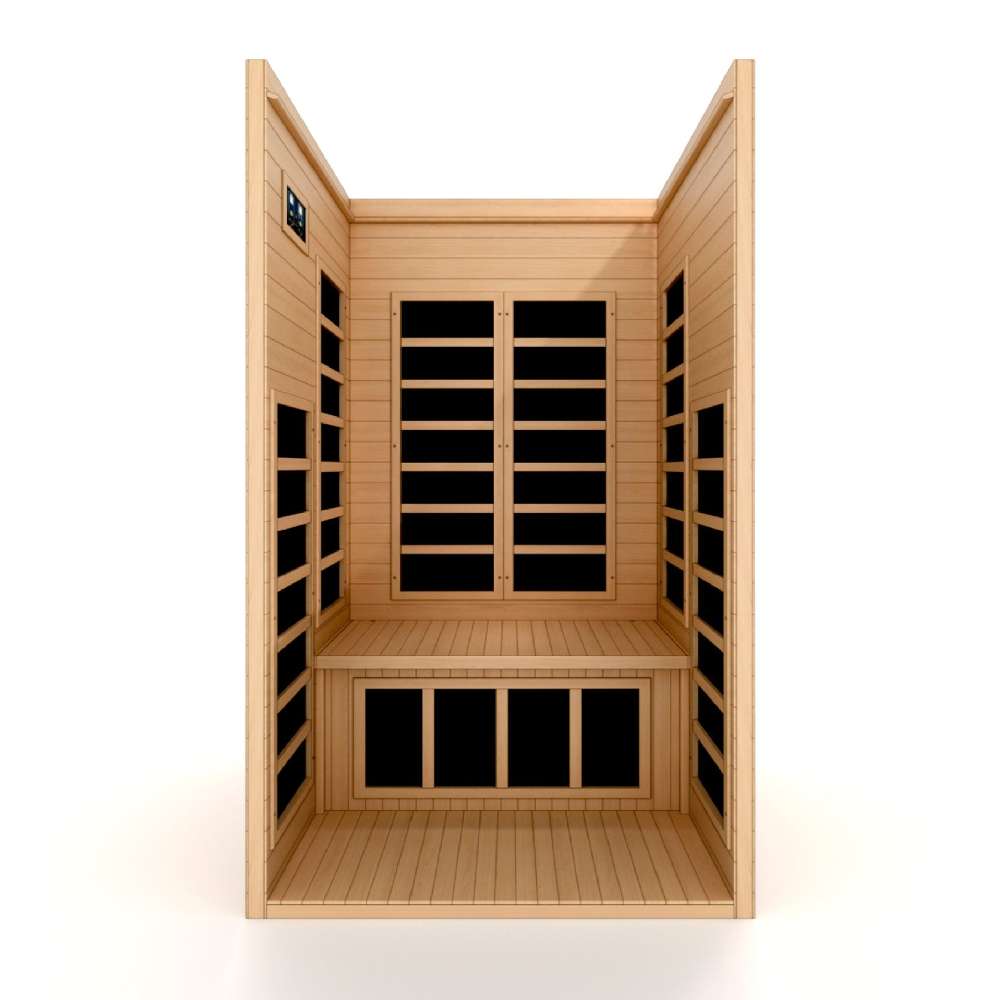 Open front view of Golden Designs Dynamic Gracia 1-2 Person Low EMF Far Infrared Sauna showing carbon panels on the back wall and below the bench