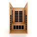 Open front view of Golden Designs Dynamic Gracia 1-2 Person Low EMF Far Infrared Sauna showing carbon panels on the back wall and below the bench