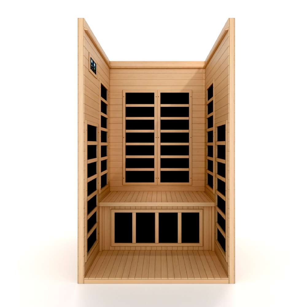 Open front view of Golden Designs Dynamic Gracia Elite 1-2 Person Ultra Low EMF Far Infrared Sauna showing carbon panels on the walls and under the bench