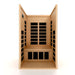 Open front view of Golden Designs Dynamic Gracia Elite 1-2 Person Ultra Low EMF Far Infrared Sauna showing carbon panels on the walls and under the bench