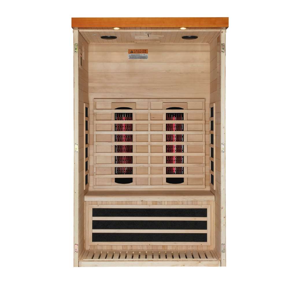 Open front view of Golden Designs Dynamic Llumeneres 2 Person Full Spectrum Near Zero EMF Far Infrared Sauna showing near infrared elements behind the backrest and carbon panels below the bench