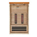 Open front view of Golden Designs Dynamic Llumeneres 2 Person Full Spectrum Near Zero EMF Far Infrared Sauna showing near infrared elements behind the backrest and carbon panels below the bench