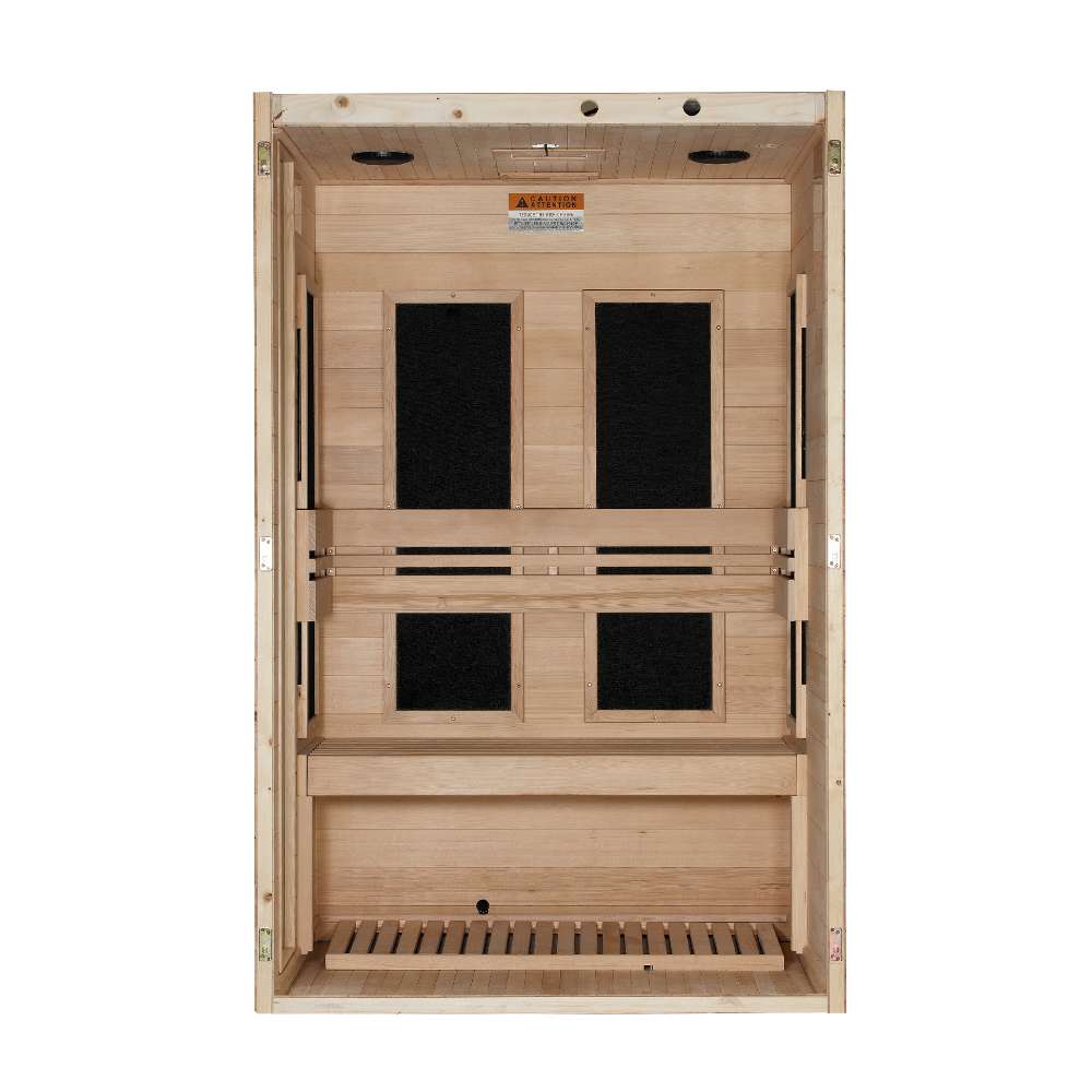 Open front view of Golden Designs Dynamic Lucca 2 Person Low EMF Far Infrared Sauna showing carbon panels on the back wall and a floor heater below the bench