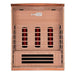 Open front view of Golden Designs Dynamic Lugano 3 Person Full Spectrum Infrared Sauna showing three glowing near infrared elements above carbon bench heaters