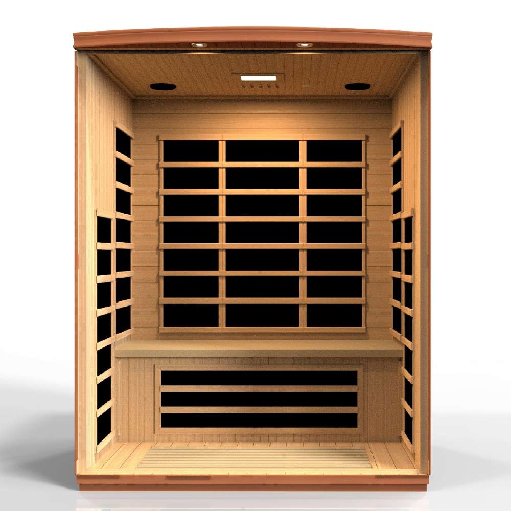 Open front view of Golden Designs Dynamic Lugano 3 Person Low EMF Far Infrared Sauna showing rows of carbon panels on the back wall and under the bench