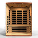 Open front view of Golden Designs Dynamic Lugano 3 Person Low EMF Far Infrared Sauna showing rows of carbon panels on the back wall and under the bench