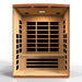 Open front view of Golden Designs Dynamic Lugano Elite 3 Person Ultra Low EMF Far Infrared Sauna showing rows of carbon panels on the back wall and under the bench