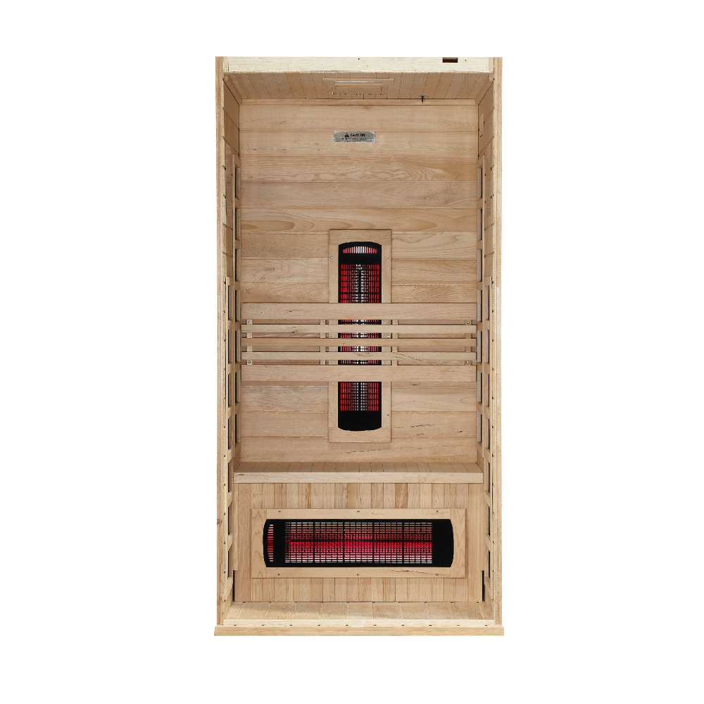 Open front view of Golden Designs Dynamic Martin 1-2 Person Full Spectrum Near Zero EMF Far Infrared Sauna showing near infrared elements behind the backrest and a carbon panel below the bench