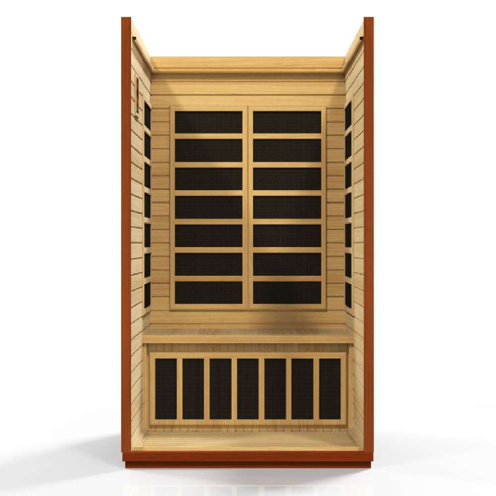 Open front view of Golden Designs Dynamic San Marino 2 Person Low EMF Far Infrared Sauna showing rows of carbon panels on the back wall and under the bench