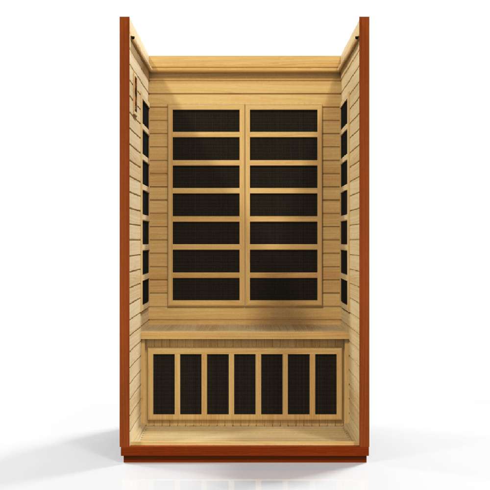 Open front view of Golden Designs Dynamic San Marino Elite 2 Person Ultra Low EMF Far Infrared Sauna showing rows of carbon panels on the back wall and under the bench