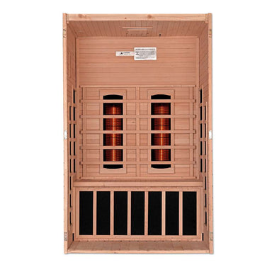 Open front view of Golden Designs Dynamic Santiago 2 Person Full Spectrum Infrared Sauna showing two glowing near infrared elements, carbon panels and the bench