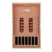 Open front view of Golden Designs Dynamic Santiago 2 Person Full Spectrum Infrared Sauna showing two glowing near infrared elements, carbon panels and the bench
