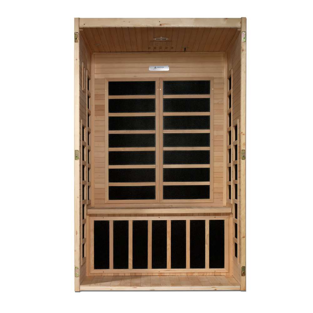Open front view of Golden Designs Dynamic Santiago 2 Person Low EMF Far Infrared Sauna showing carbon panels on the back wall and under the bench