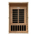 Open front view of Golden Designs Dynamic Santiago 2 Person Low EMF Far Infrared Sauna showing carbon panels on the back wall and under the bench