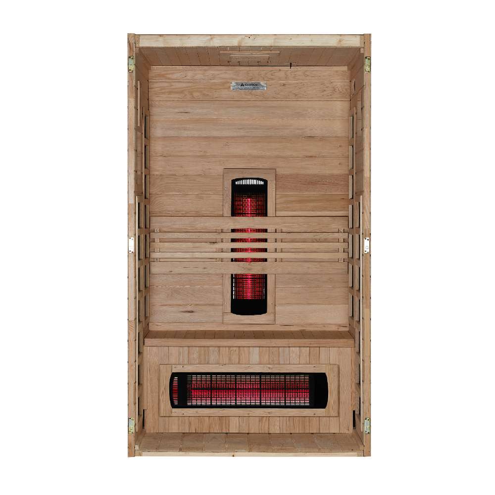 Open front view of Golden Designs Dynamic Santorini 1-2 Person Full Spectrum Near Zero EMF Far Infrared Sauna showing glowing near infrared elements and carbon panels below the bench