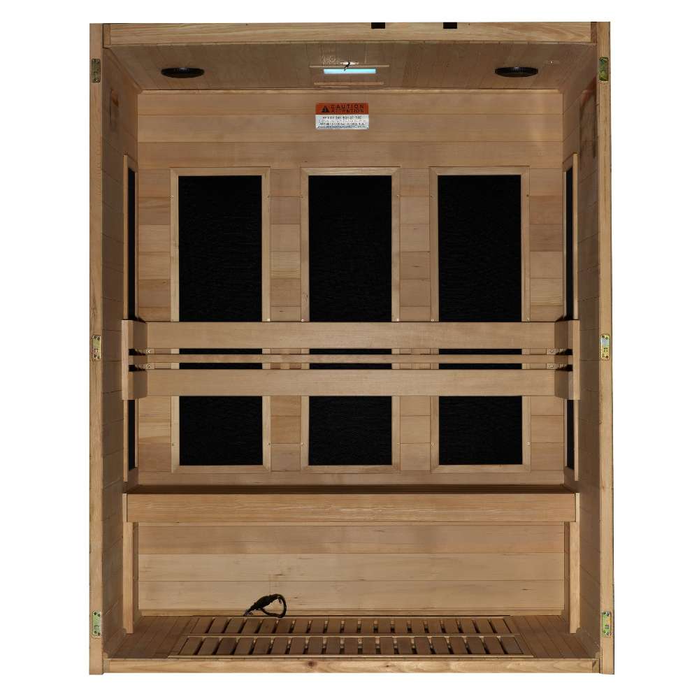 Open front view of Golden Designs Dynamic Toscana 3 Person Low EMF Far Infrared Sauna showing carbon panels on the back wall and a floor heater below the bench