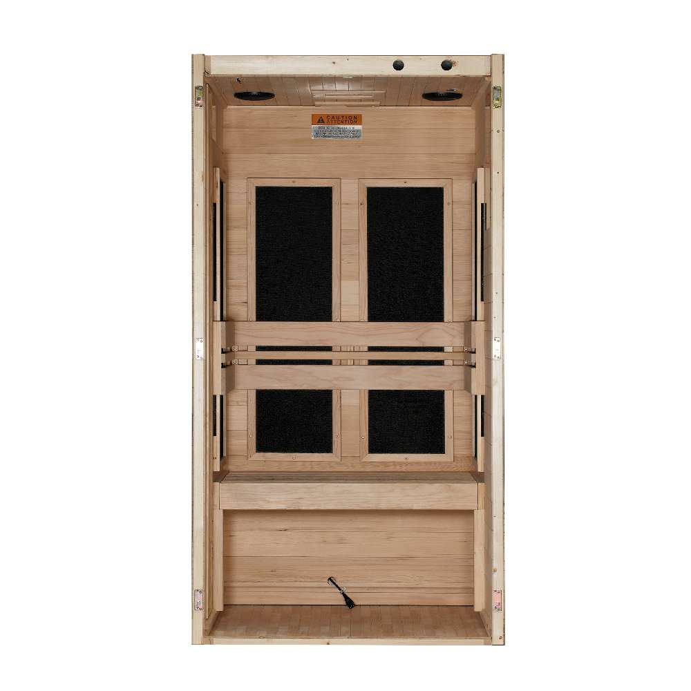Open front view of Golden Designs Dynamic Veneto 1-2 Person Low EMF Far Infrared Sauna showing carbon panels on the back wall and a floor heater below the bench