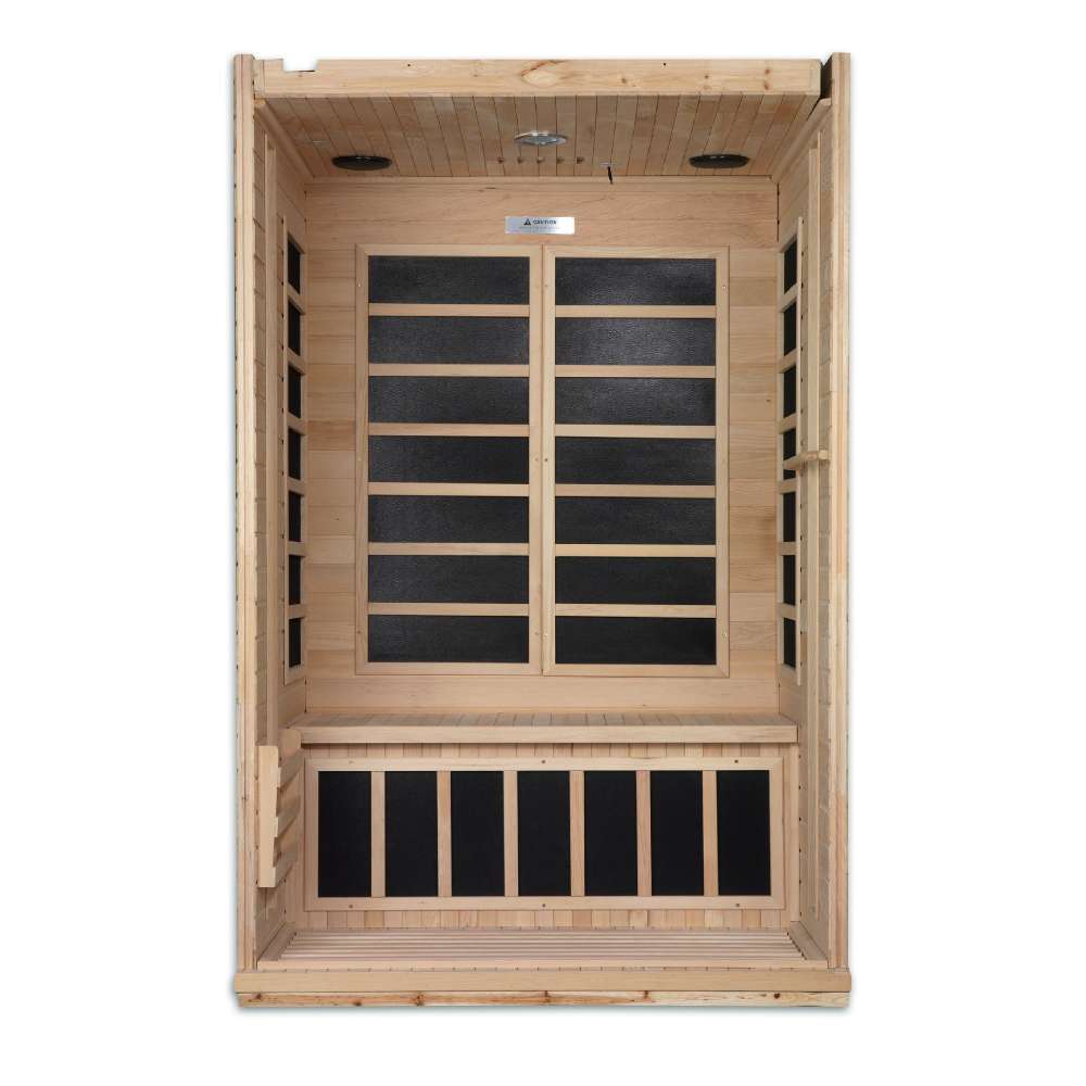 Open front view of Golden Designs Dynamic Venice 2 Person Low EMF Far Infrared Sauna showing carbon panels on the back wall and under the bench