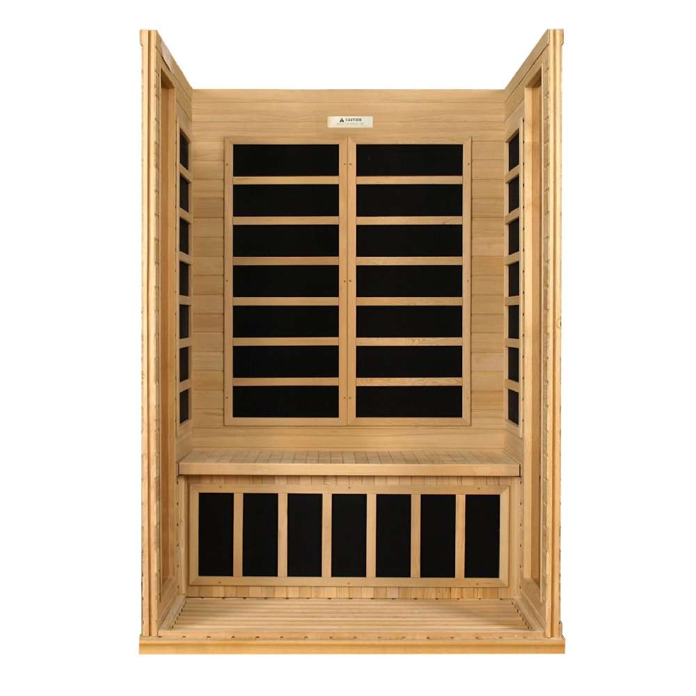 Open front view of Golden Designs Dynamic Versailles 2 Person Low EMF Far Infrared Sauna showing carbon panels on the back wall and under the bench