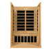 Open front view of Golden Designs Dynamic Versailles Elite 2 Person Ultra Low EMF Far Infrared Sauna showing carbon panels on the back wall and under the bench
