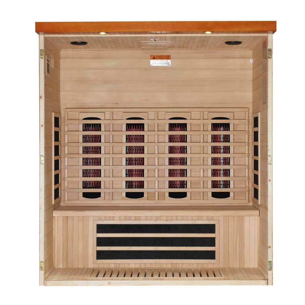Open front view of Golden Designs Dynamic Vila Grande 4 Person Full Spectrum Near Zero EMF Far Infrared Sauna showing four columns of near infrared elements and carbon panels below the bench