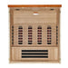 Open front view of Golden Designs Dynamic Vila Grande 4 Person Full Spectrum Near Zero EMF Far Infrared Sauna showing four columns of near infrared elements and carbon panels below the bench