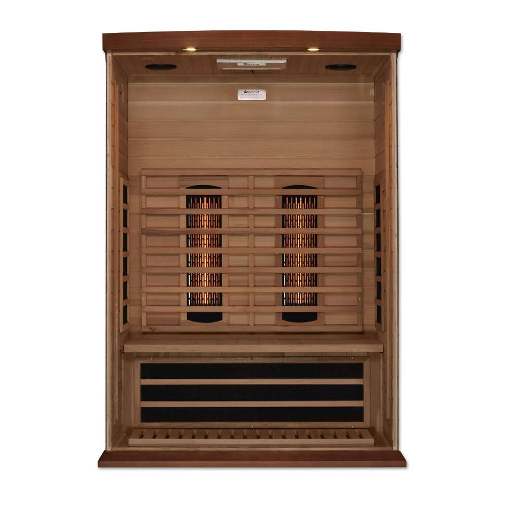 Open front view of Golden Designs Maxxus 2 Person Full Spectrum Infrared Sauna in Red Cedar showing carbon panels with near infrared elements and a heater under the bench