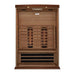 Open front view of Golden Designs Maxxus 2 Person Full Spectrum Infrared Sauna in Red Cedar showing carbon panels with near infrared elements and a heater under the bench