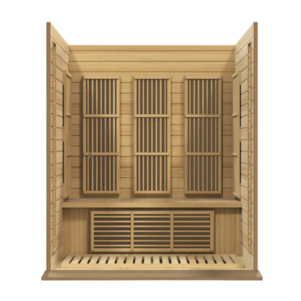 Open front view of Golden Designs Maxxus 3 Person Low EMF Far Infrared Sauna in Hemlock showing carbon panels on the back wall and a heater under the bench