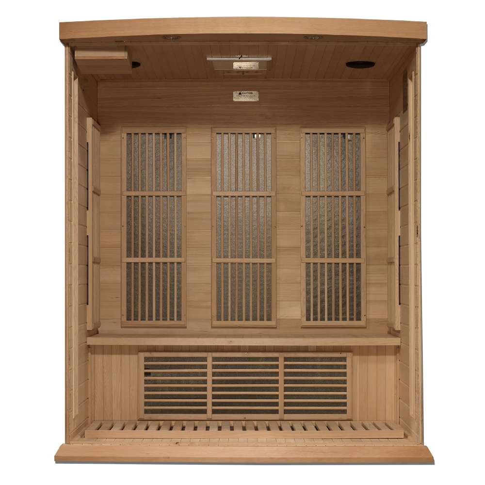 Open front view of Golden Designs Maxxus 3 Person Near Zero EMF Far Infrared Sauna in Hemlock showing three carbon panels on the back wall and heaters under the bench