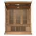 Open front view of Golden Designs Maxxus 3 Person Near Zero EMF Far Infrared Sauna in Hemlock showing three carbon panels on the back wall and heaters under the bench
