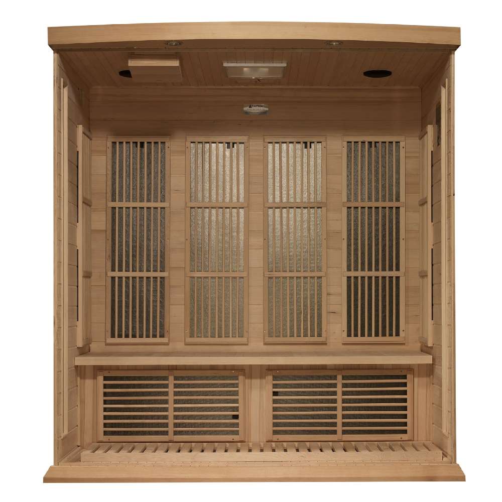 Open front view of Golden Designs Maxxus 4 Person Near Zero EMF Far Infrared Sauna in Hemlock showing four carbon panels on the back wall and heaters under the bench