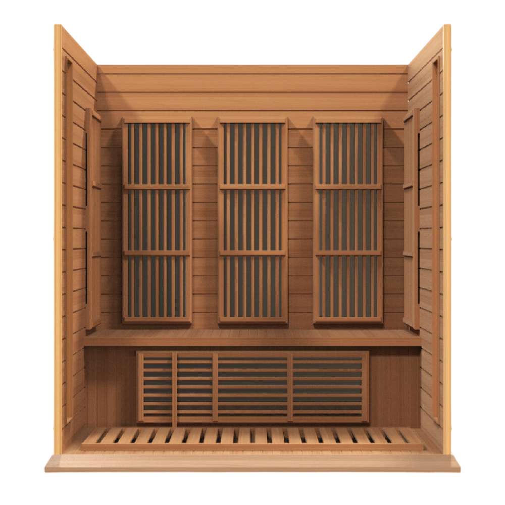 Open front view of Golden Designs Maxxus Montilemar 3 Person Near Zero EMF Far Infrared Sauna in Red Cedar showing carbon panels on the back wall and a heater under the bench