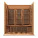 Open front view of Golden Designs Maxxus Montilemar 3 Person Near Zero EMF Far Infrared Sauna in Red Cedar showing carbon panels on the back wall and a heater under the bench