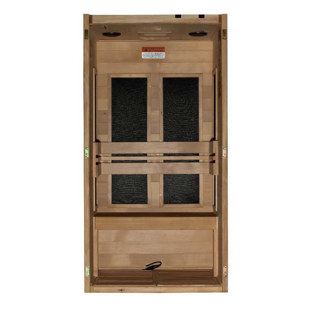 Open front view of Golden Designs Maxxus S-Line 1 Person Ultra Low EMF Far Infrared Sauna showing four carbon panels on the back wall and a heater near the floor