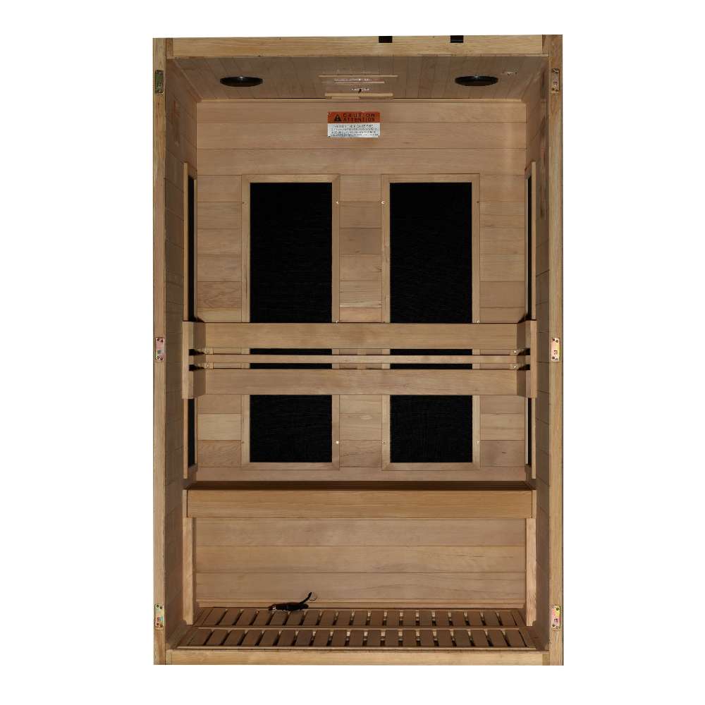 Open front view of Golden Designs Maxxus S-Line 2 Person Ultra Low EMF Far Infrared Sauna showing four carbon panels on the back wall and a heater near the floor