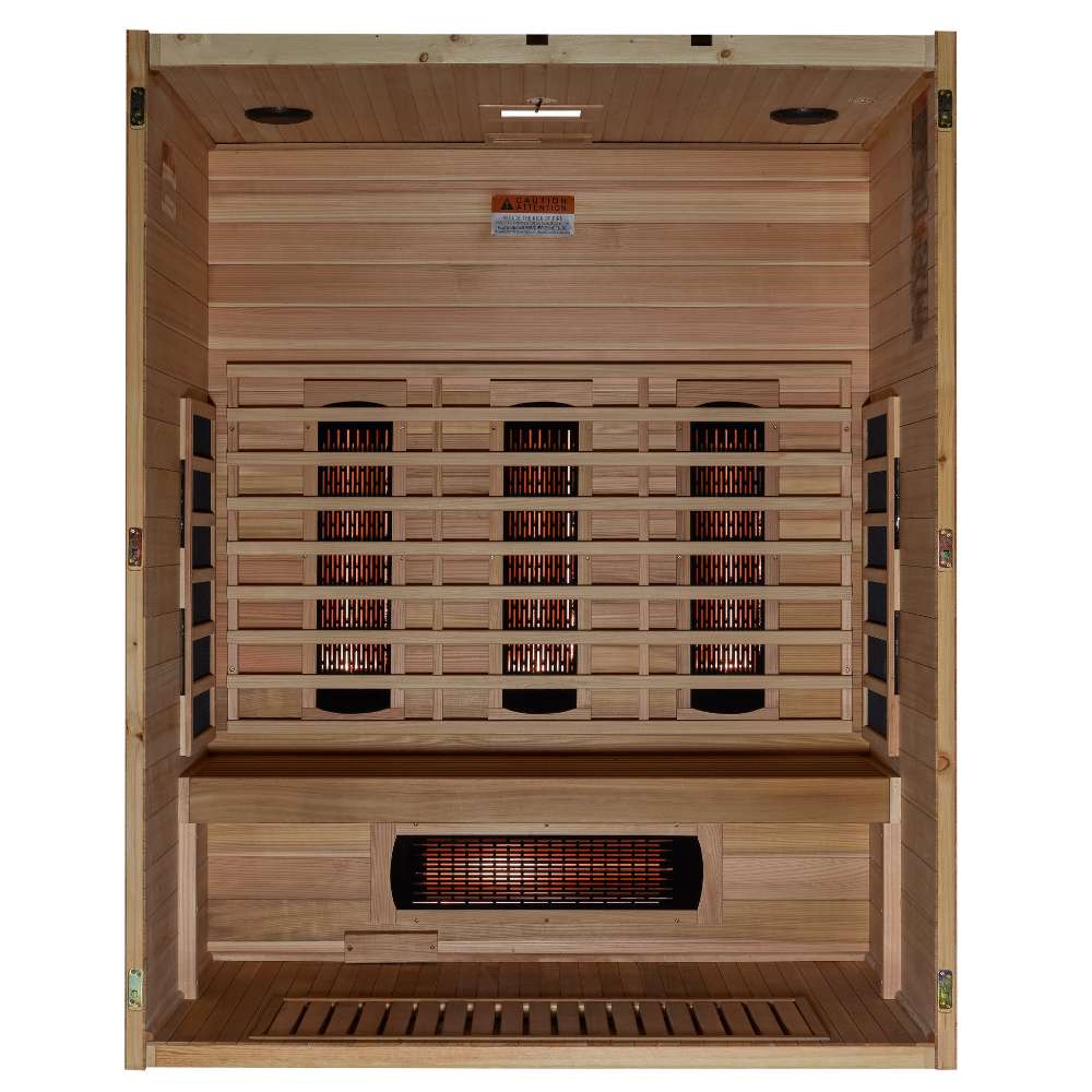 Open front view of Golden Designs Maxxus S-Line 3 Person Full Spectrum Infrared Sauna in Pacific Cedar showing carbon panels on the back wall and a near infrared heater under the bench