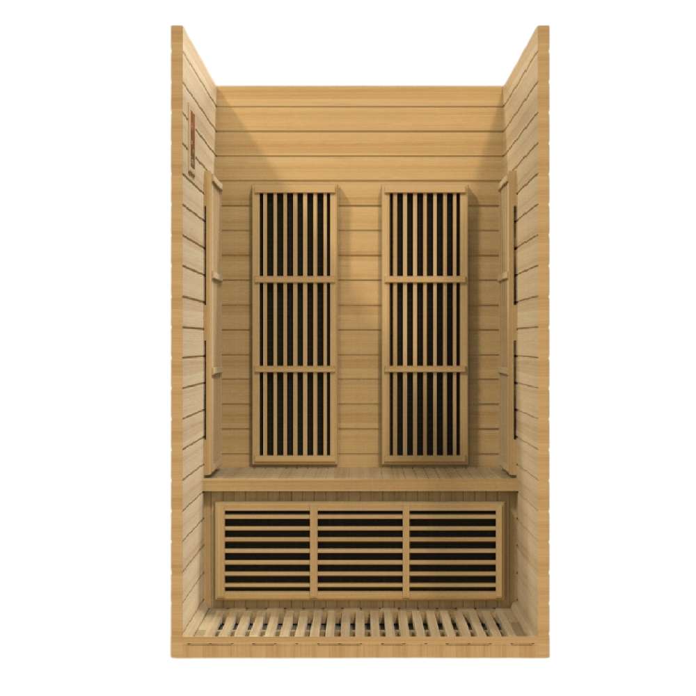 Open front view of Golden Designs Maxxus Seattle 2 Person Low EMF Far Infrared Sauna showing carbon panels on the back wall and under the bench