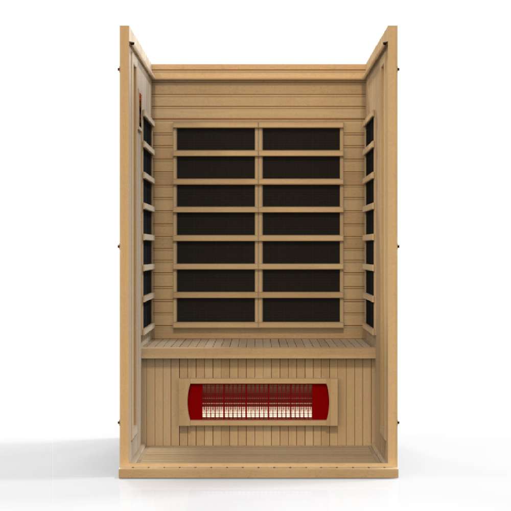Open front view of Golden Designs Maxxus Serenity Dual Tech 2 Person Low EMF Far Infrared Sauna showing carbon panels on the walls and a red heater below the bench