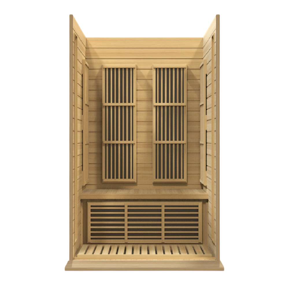 Open front view of Golden Designs Maxxus Toulose 2 Person Low EMF Far Infrared Sauna with the front removed showing carbon panels on the back wall and under the bench
