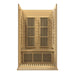 Open front view of Golden Designs Maxxus Toulose 2 Person Low EMF Far Infrared Sauna with the front removed showing carbon panels on the back wall and under the bench