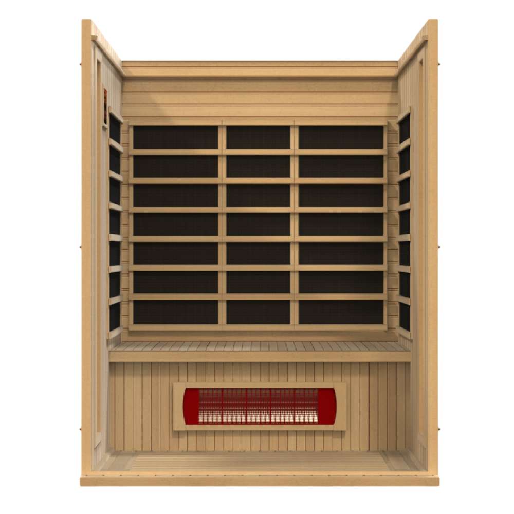 Open front view of Golden Designs Maxxus Trinity Dual Tech 3 Person Low EMF Far Infrared Sauna showing carbon panels on three walls and a red heater under the bench