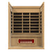 Open front view of Golden Designs Maxxus Trinity Dual Tech 3 Person Low EMF Far Infrared Sauna showing carbon panels on three walls and a red heater under the bench